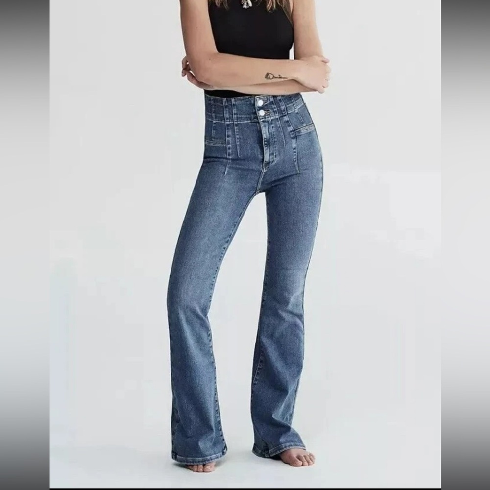 Free People 26 High Rise Long Blue Jeans Button-Front Waist Flare Hippie Western